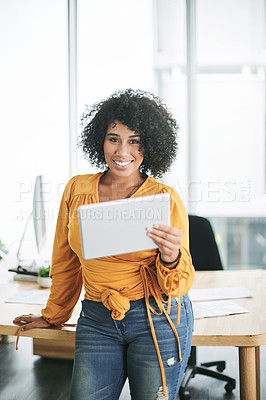 Buy stock photo Tablet, creative and portrait of happy woman in office for website, social media marketing or online brand. Business, startup and person on tech for digital portfolio, internet and research project