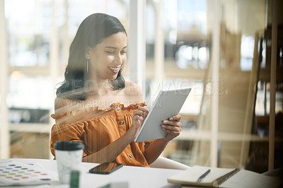 Buy stock photo Business woman, tablet and smile for planning, news and research in office with coffee and notebook. Graphic designer, technology and design in workplace for digital agency, website and social media