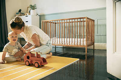 Buy stock photo Baby, mother and kiss child in home having fun, smile and bonding together. Development, love and care of mama kissing happy kid, toddler and newborn for affection while playing in house nursery.