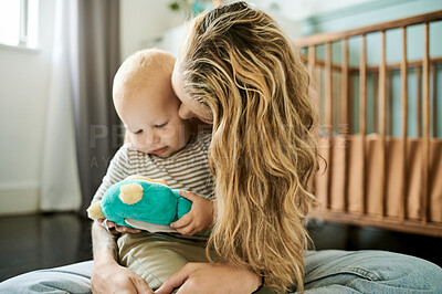 Buy stock photo Love, mother and baby on the floor, play and toy for bonding, quality time and happiness at home. Family, parent and mother with toddler, infant and child with joy, cheerful and development on ground