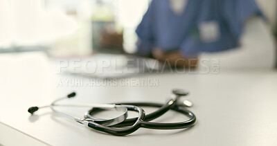 Buy stock photo Stethoscope, medical tool and hospital desk at doctor office or clinic for wellness exam. Healthcare, closeup and instrument at table for cardiology, heart equipment and professional nurse worker
