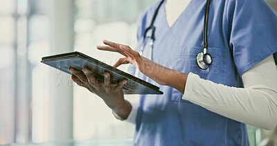 Buy stock photo Tablet, nurse hands and person typing online healthcare, medical research or closeup cardiology report. Doctor reading hospital results, medicine data analysis or clinic customer experience feedback 