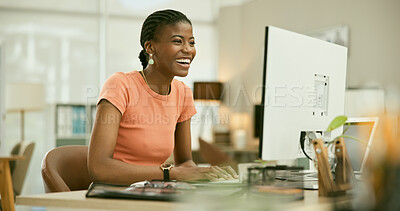 Buy stock photo Black woman, computer and typing for office job, confident employee and happy copywriter. Businesswoman, positive and planning strategy for marketing agency, technology and smile for research