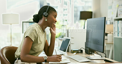 Buy stock photo Business woman, call center and computer for communication, customer service or e commerce support. African consultant in telemarketing for virtual advice, helping online and website questions or FAQ