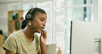 Buy stock photo Woman, call center consultant and computer for communication, customer service or e commerce support. African agent speaking with headphones for virtual advice or helping online with questions or FAQ