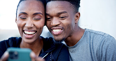 Buy stock photo Outdoor, couple and laughing with phone, fitness and watching workout tutorial with partner on web. Streaming, online and happy black people with mobile, bonding and funny video on exercise break