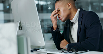 Buy stock photo Businessman, stress and headache in office with computer, financial crisis and challenge for audit. Tired, African person or auditor in workplace with desktop, migraine or problem with finance error.
