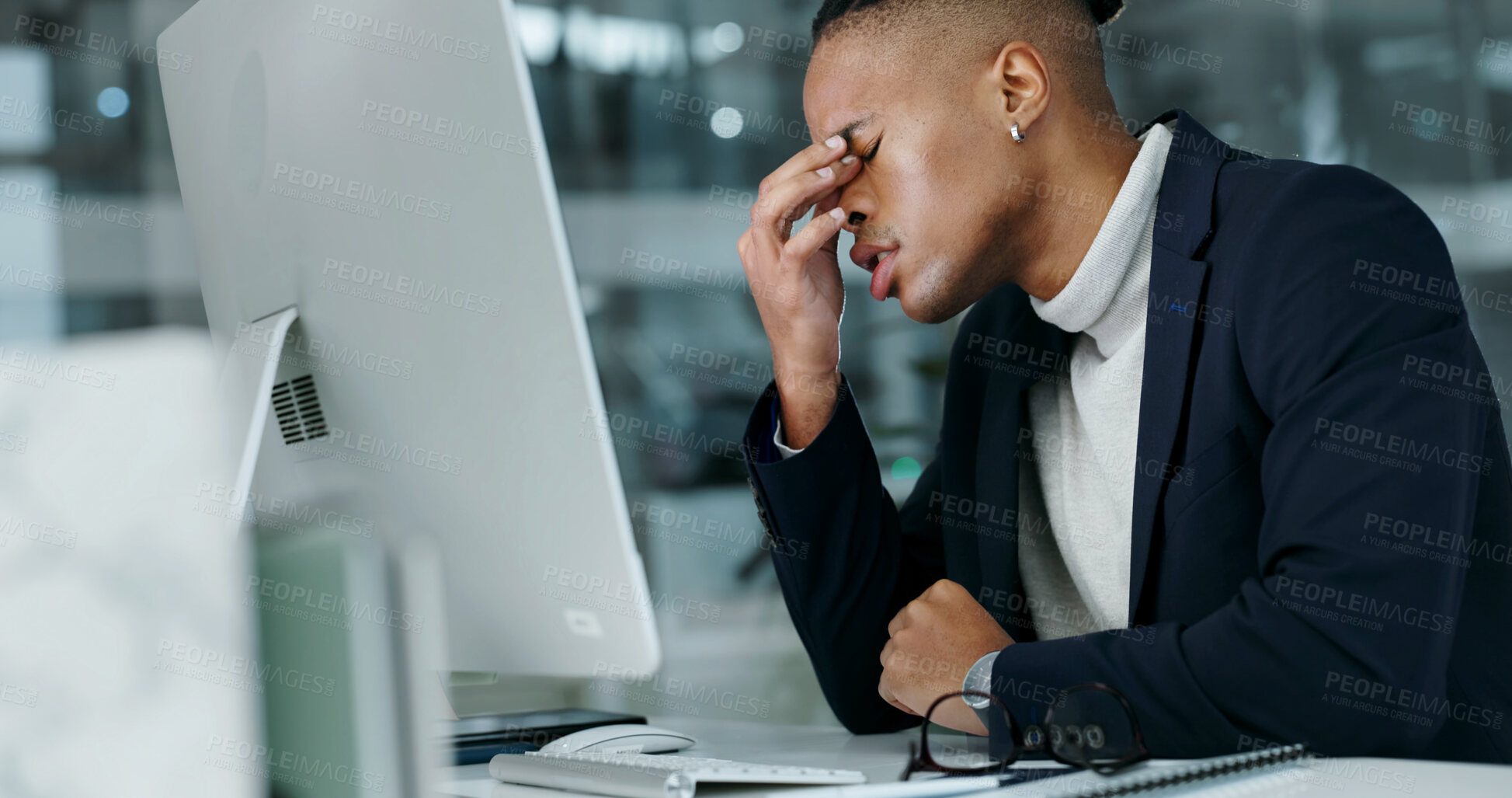 Buy stock photo Businessman, stress and headache in office with computer, financial crisis and challenge for audit. Tired, African person or auditor in workplace with desktop, migraine or problem with finance error.