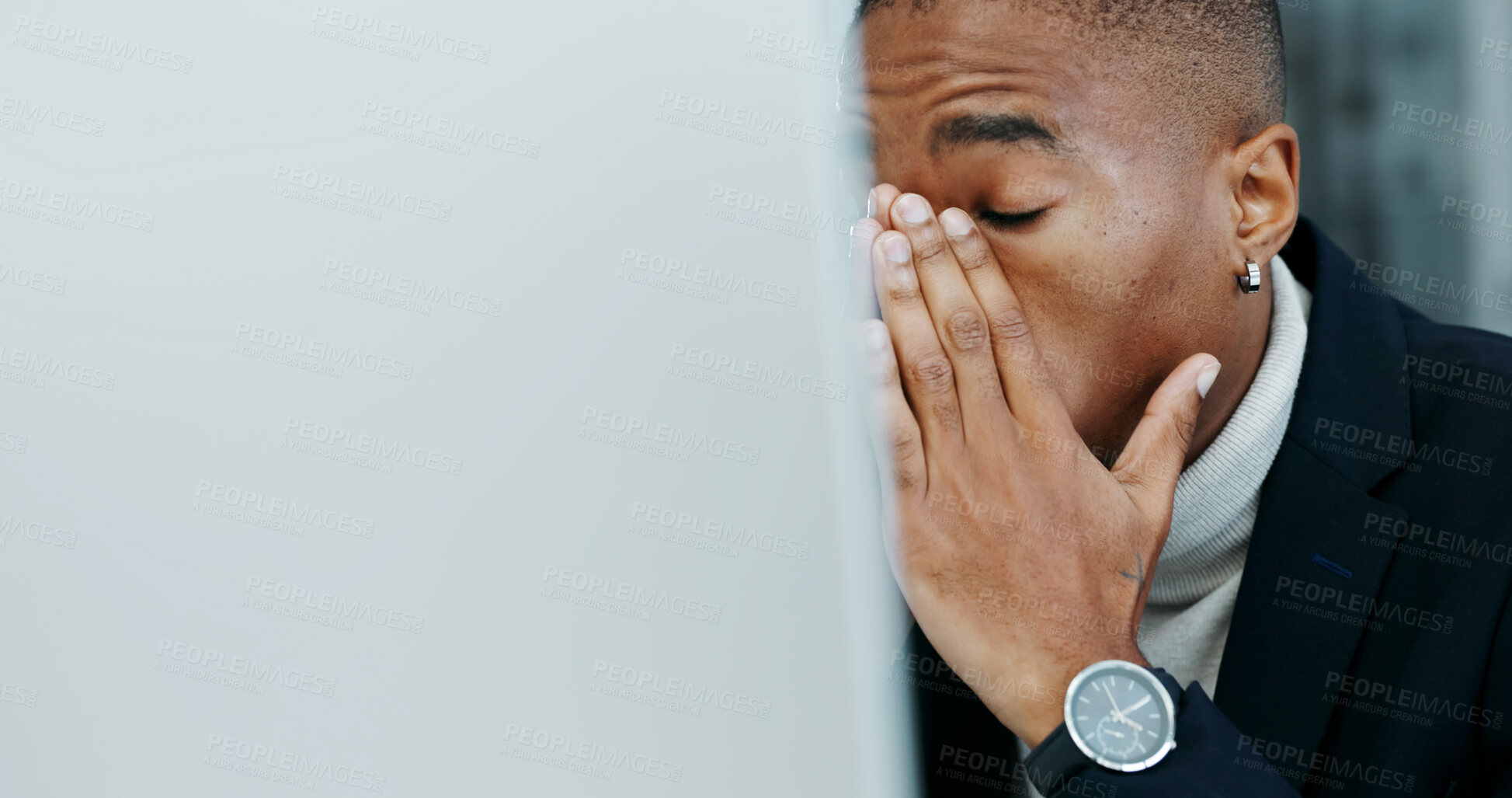 Buy stock photo Business, man and computer in office with stress, interest rate spike or trade execution error. Black person, trader or worry at tech for margin call warning, bad earnings report or headache on space