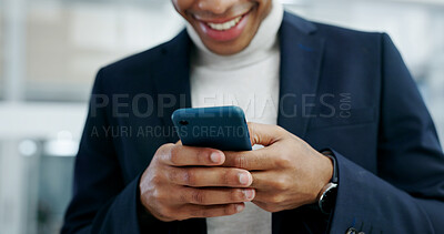 Buy stock photo Businessman, smile and hands with phone in office, accountant or communication with contact on app. Bookkeeping, online and happy person with mobile, internet connection and network on social media