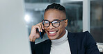 Smile, black man and computer in office with phone call, email and contact witness for court case. Happy, lawyer and review at law firm with tech, confirm facts and feedback for proceedings verdict