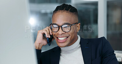 Buy stock photo Smile, black man and computer in office with phone call, email and contact witness for court case. Happy, lawyer and review at law firm with tech, confirm facts and feedback for proceedings verdict