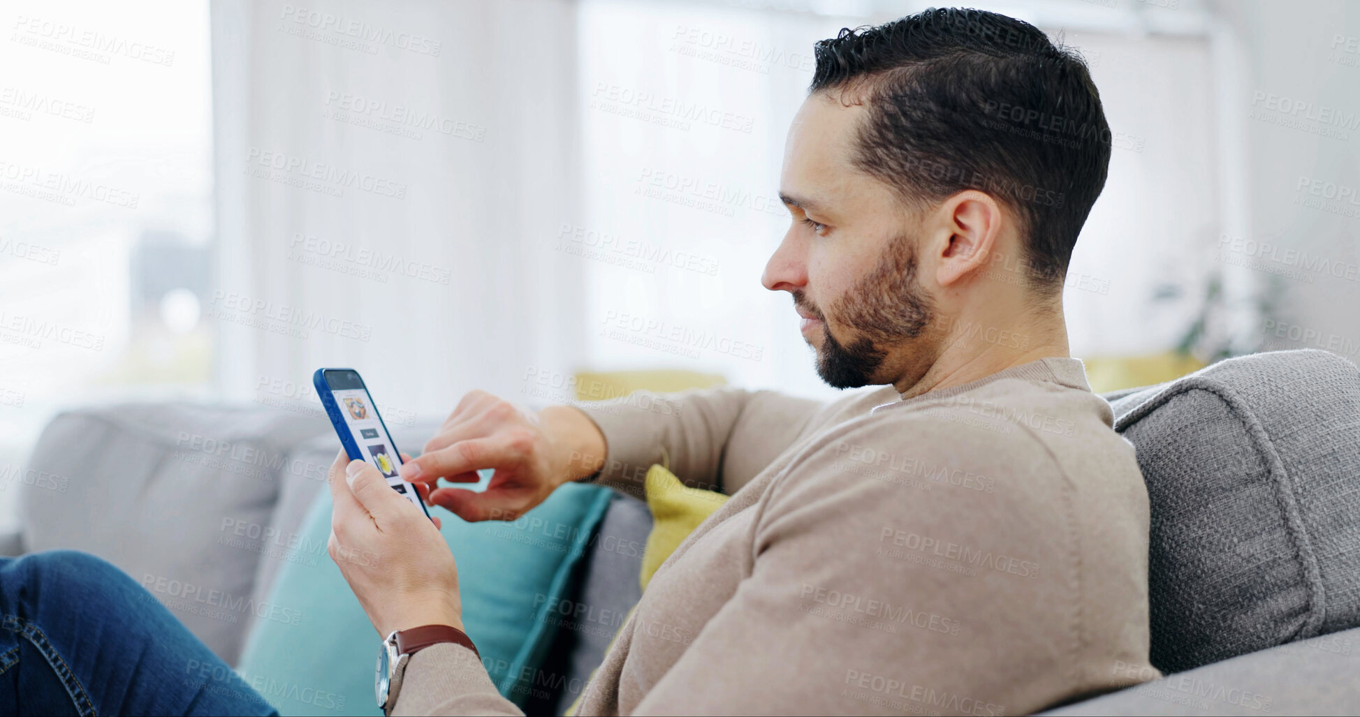 Buy stock photo Man, scroll and phone in home for food delivery, check digital menu and online order on app. Hungry, person and browsing in living room with tech, internet and website with takeaway options.