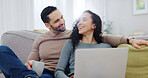 Laptop, sofa and happy couple in home for online connection, network or streaming together. Man, woman and chilling with computer or coffee on couch for holiday, subscription app or weekend in house