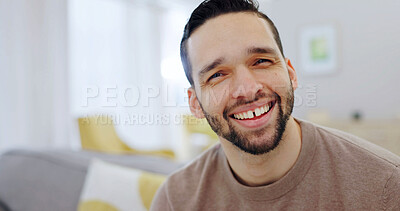 Buy stock photo Happy, laugh and man in home for break, rest and relax for me time, weekend and day off. Sofa, portrait and person with smile for peace, wellness and funny joke for good mood, positivity and unwind