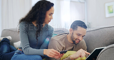 Buy stock photo Home, tablet and happy couple with credit card on sofa for online shopping, payment or purchase. Man, woman or debit with technology on couch for ecommerce, banking or wireless transaction in house