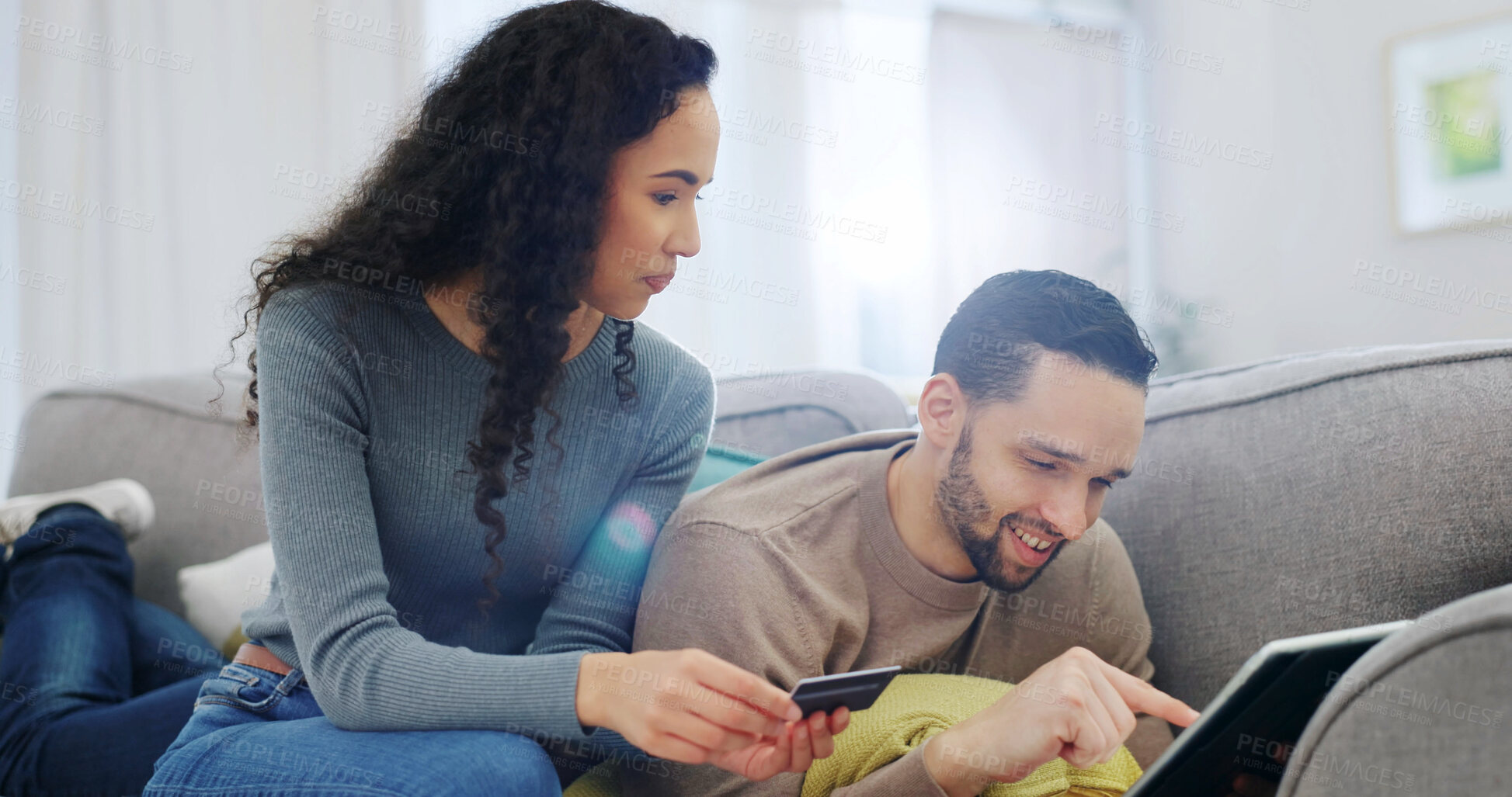 Buy stock photo Home, tablet and happy couple with credit card on sofa for online shopping, payment or purchase. Man, woman or debit with technology on couch for ecommerce, banking or wireless transaction in house