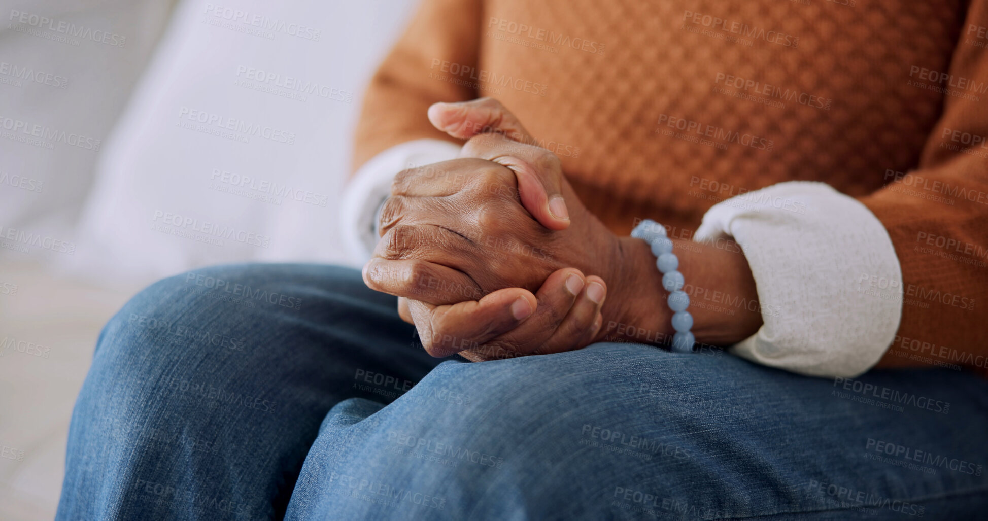 Buy stock photo Hands, person and fidget at house with anxiety, loneliness and coping mechanism of trauma response. Nervous, overthinking and woman with depression, inner turmoil and hypervigilance for ptsd habit