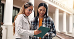 Friends, students and reading at campus with tablet, test results and acceptance for new semester. Smile, people and digital at university for enrollment, scholarship admission and exchange program
