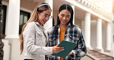 Buy stock photo Friends, students and reading at campus with tablet, test results and acceptance for new semester. Smile, people and digital at university for enrollment, scholarship admission and exchange program