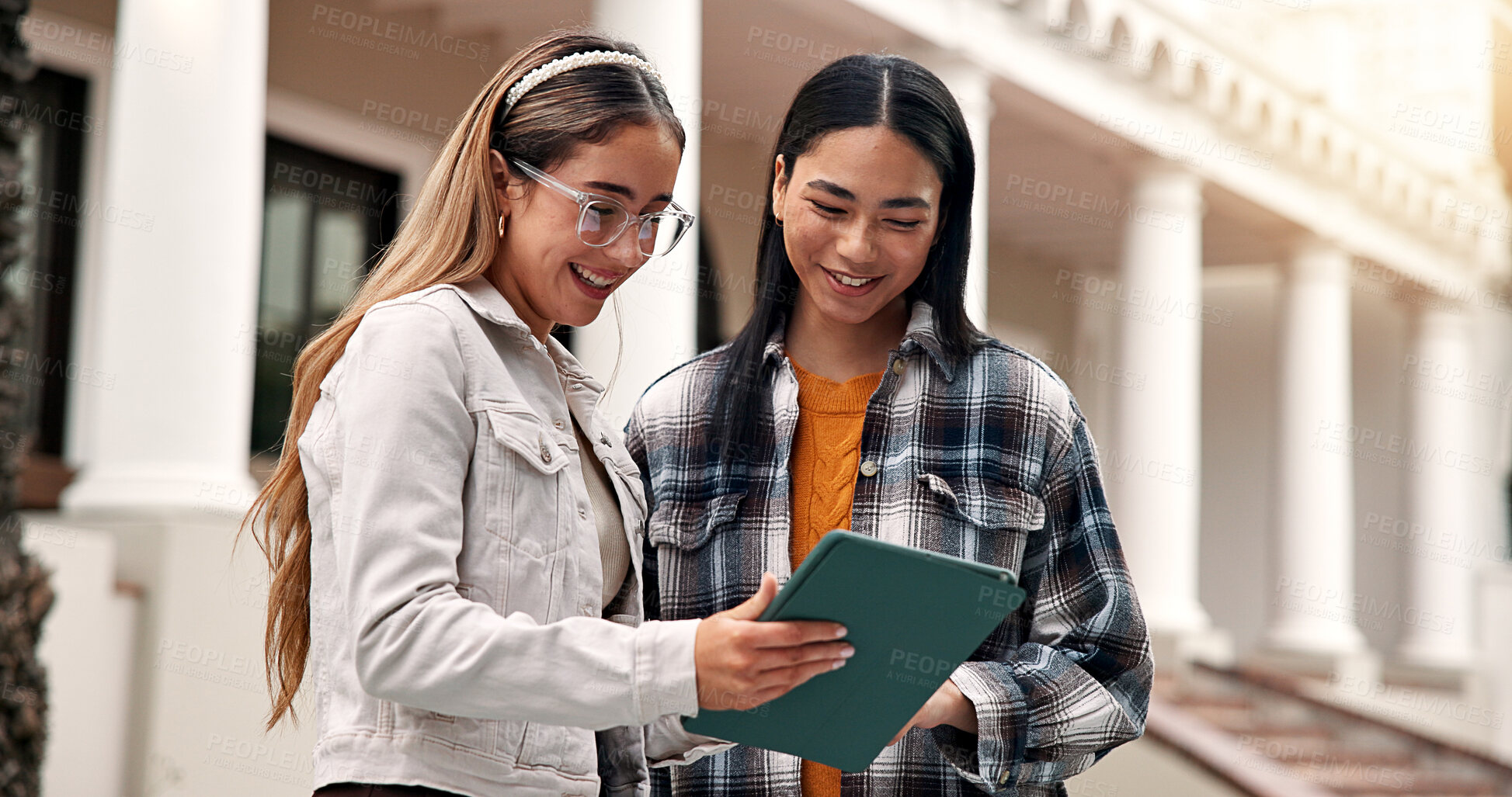 Buy stock photo Friends, students and reading at campus with tablet, test results and acceptance for new semester. Smile, people and digital at university for enrollment, scholarship admission and exchange program