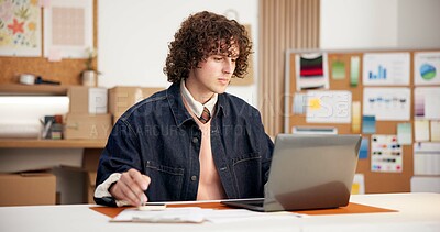 Buy stock photo Man, laptop and notes in small business for logistics, order management and distribution schedule. Entrepreneur, writing and tech in office for inventory control, website update and stock checklist