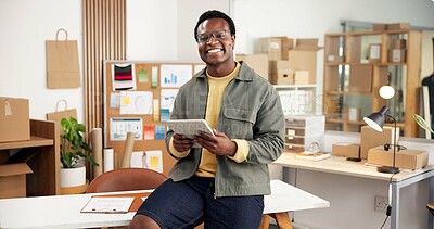 Buy stock photo Ecommerce, portrait and black man in office with tablet for erp tech in small business workflow. Smile, boxes and entrepreneur on digital app for online sales data, checklist or inventory management