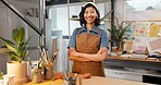 Pottery, happy and woman in workshop for startup, art store and business idea for creative hobby. Portrait, entrepreneur and person with crossed arms for ceramic, clay and handicraft design in studio