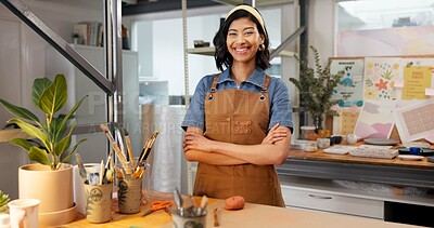 Buy stock photo Pottery, happy and woman in workshop for startup, art store and business idea for creative hobby. Portrait, entrepreneur and person with crossed arms for ceramic, clay and handicraft design in studio