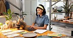 Pottery, woman and work in small business with laptop, creativity and post art on ecommerce website. Entrepreneur, person and update ceramics catalog in store with computer, online shop and order.