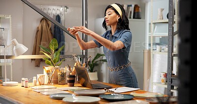 Buy stock photo Pottery, woman and picture in shop with phone, online and social media marketing for small business. Person, clay product and photography in store with tech, content creation and post for art seller.