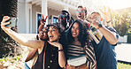 Students, selfie and peace sign in college with social media post, diversity and learning together. Happy, people and photography outdoor in university with emoji, friends and memories for education.