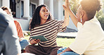 Happy, students and high five in university with collaboration, help and good grade for assignment. Women, celebration and study outdoor in college with tablet, success and teamwork for education.