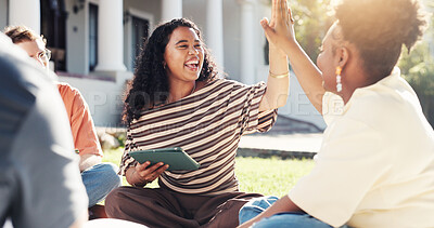 Buy stock photo Happy, students and high five in university with collaboration, help and good grade for assignment. Women, celebration and study outdoor in college with tablet, success and teamwork for education.