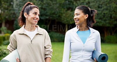 Buy stock photo Happy, woman and instructor outdoor with yoga mat, fitness advice and guidance for holistic health. Active person, personal trainer and smile with workout equipment, wellness and exercise in morning.