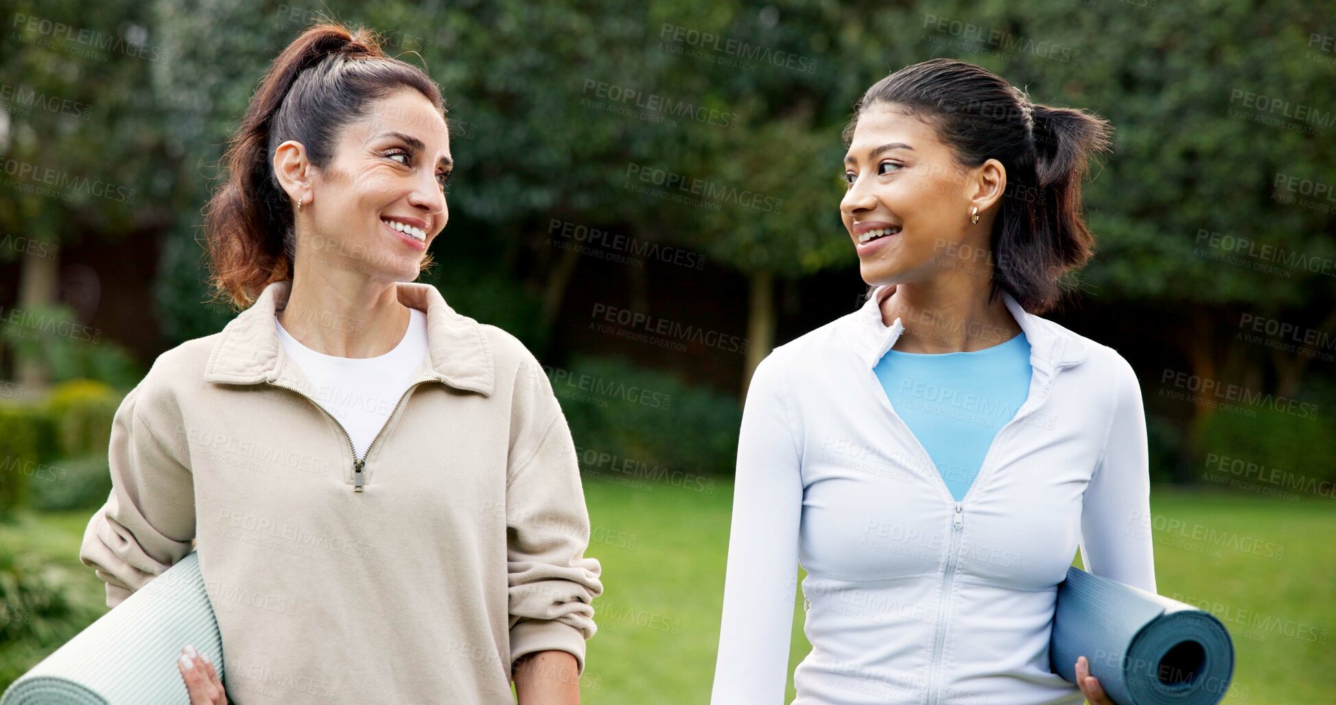 Buy stock photo Happy, woman and instructor outdoor with yoga mat, fitness advice and guidance for holistic health. Active person, personal trainer and smile with workout equipment, wellness and exercise in morning.