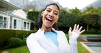 Portrait, wave and fitness woman in backyard with live stream, content creation and wellness advice. Happy, person and influencer talk outdoor by home with hello, social media and exercise guide.