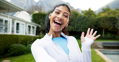 Buy stock photo Portrait, wave and fitness woman in backyard with live stream, content creation and wellness advice. Happy, person and influencer talk outdoor by home with hello, social media and exercise guide.