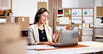Laptop, wave and happy woman with headphones for logistics, online meeting or feedback report. Female person, agent or consultant with smile on computer for small business webinar or virtual chat