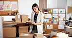 Woman, logistics and checklist with boxes in office for inventory, stock or quality assurance. Female person, storage or checking packages with clipboard for online order or distribution schedule