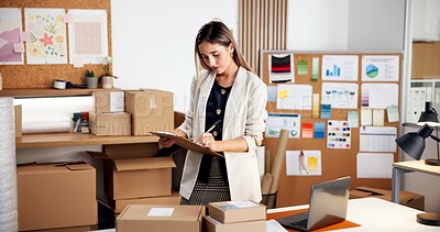 Buy stock photo Woman, logistics and checklist with boxes in office for inventory, stock or quality assurance. Female person, storage or checking packages with clipboard for online order or distribution schedule