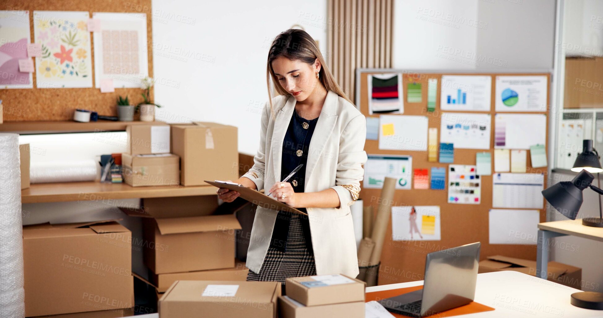 Buy stock photo Woman, logistics and checklist with boxes in office for inventory, stock or quality assurance. Female person, storage or checking packages with clipboard for online order or distribution schedule