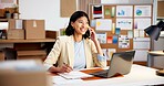Office, phone call and woman with laptop for shipping, logistics and talking to supplier for update. Happy, distribution and person on tech for contact, communication and notes for supply chain