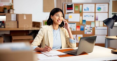 Buy stock photo Office, phone call and woman with laptop for shipping, logistics and talking to supplier for update. Happy, distribution and person on tech for contact, communication and notes for supply chain