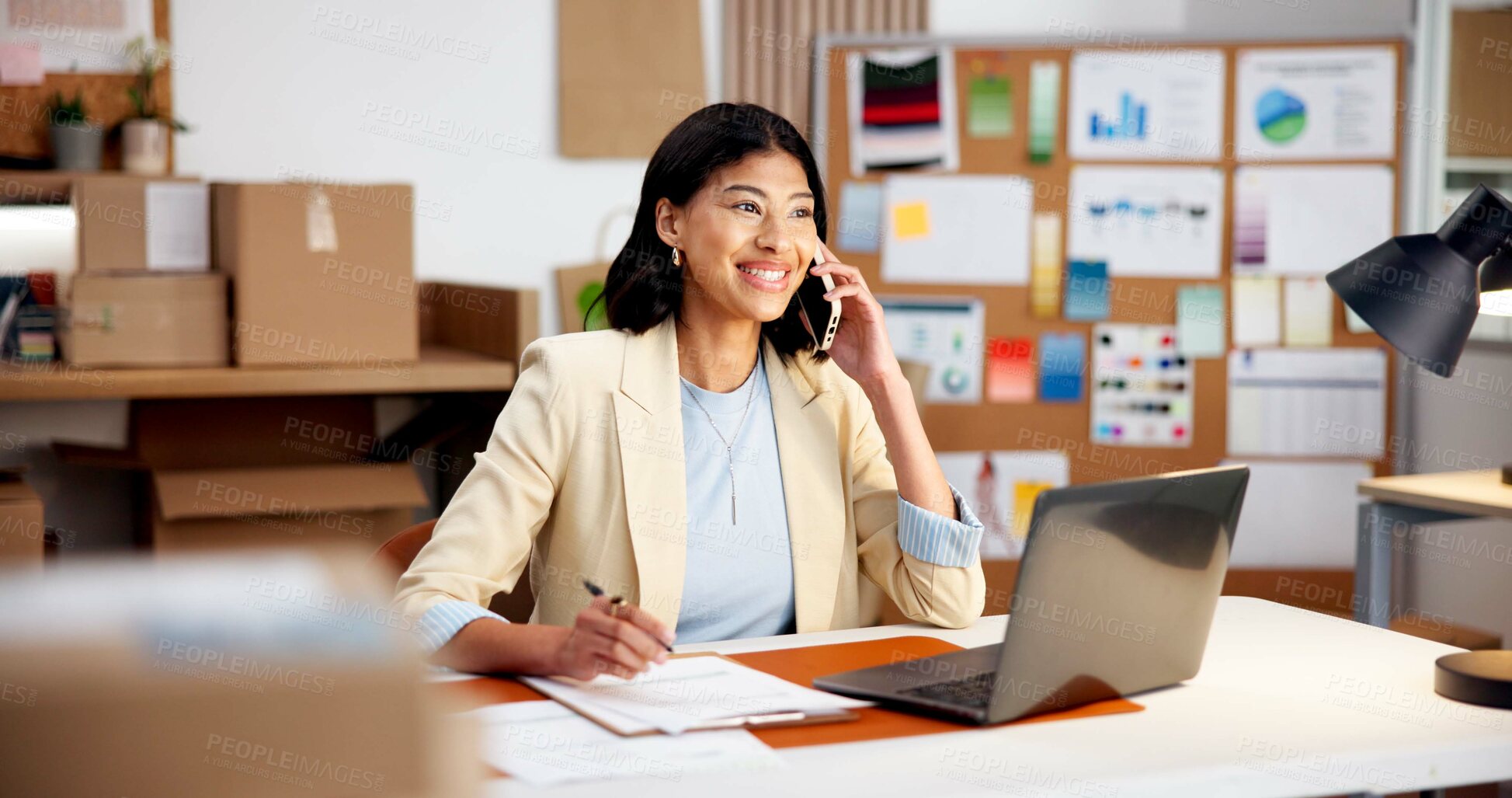 Buy stock photo Office, phone call and woman with laptop for shipping, logistics and talking to supplier for update. Happy, distribution and person on tech for contact, communication and notes for supply chain