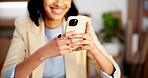 Phone, hands or happy woman in office for social media, communication or network connection. Female person, employee or typing with smile or technology for online chatting or texting app in workplace