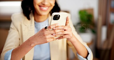 Buy stock photo Phone, hands or happy woman in office for social media, communication or network connection. Female person, employee or typing with smile or technology for online chatting or texting app in workplace