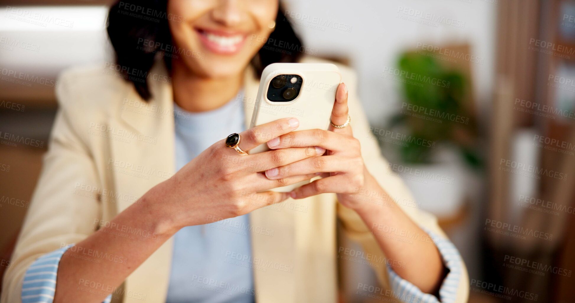 Buy stock photo Phone, hands or happy woman in office for social media, communication or network connection. Female person, employee or typing with smile or technology for online chatting or texting app in workplace