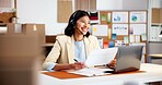 Laptop, consultant and happy woman with documents in logistics for schedule delivery or support. Female person, agent or smile with headset for small business service or virtual assistance in store