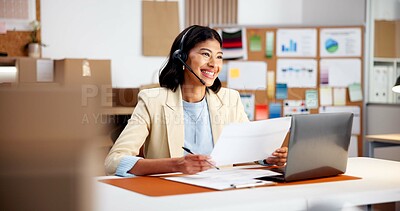 Buy stock photo Laptop, consultant and happy woman with documents in logistics for schedule delivery or support. Female person, agent or smile with headset for small business service or virtual assistance in store